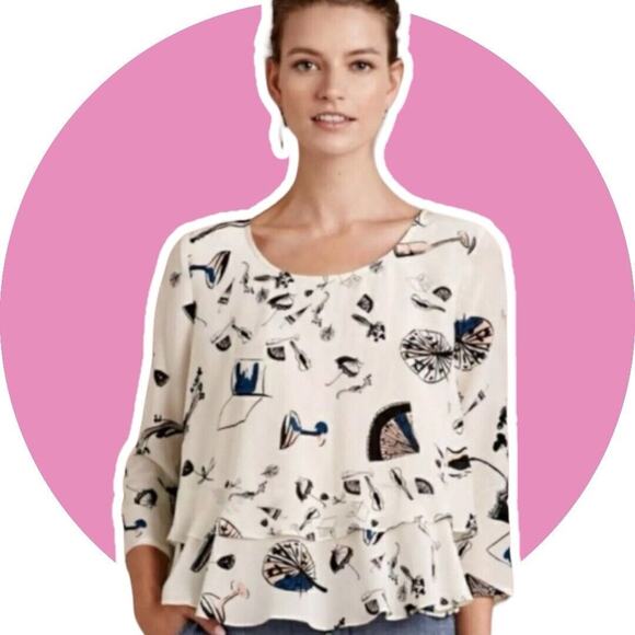 Anthropologie Maeve SILK On The Town Cream Print Top 3/4 Sleeve Women's Size 10 - Picture 1 of 11